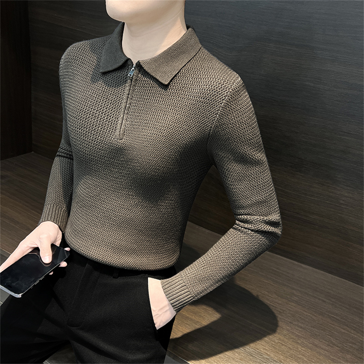 轻奢先生秋冬翻领半拉链华夫格针织休闲毛衣英伦时尚长袖POLO衫潮