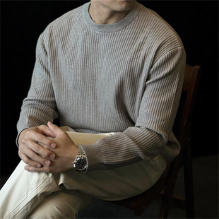 极简风条纹针织衫男圆领套头修身长袖保暖老钱风毛衣内搭打底衫男