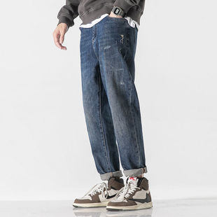 裤子男春秋季新款牛仔裤男小直筒潮流百搭刮痕破洞休闲裤潮牌长裤