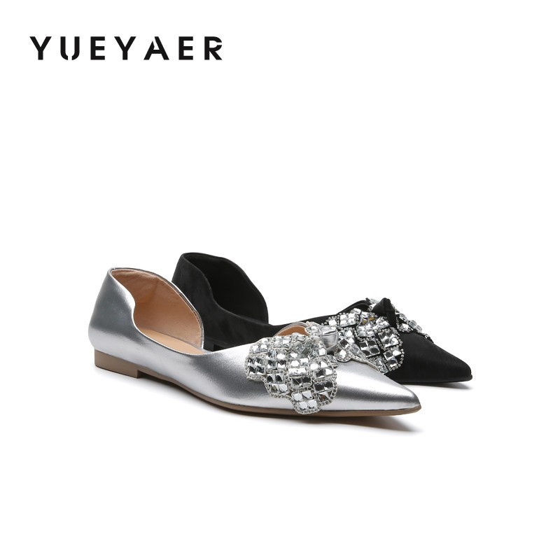 月芽儿2026春夏季新款优雅水钻蝴蝶结尖头浅口单鞋女通勤低跟女鞋