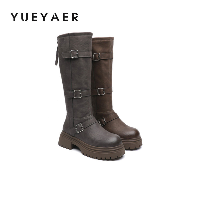 月芽儿长筒靴冬季新款2025复古显瘦靴子皮带扣百搭粗跟西部骑士靴,女鞋,骑士靴,淘宝优惠券,粉丝福利购,淘宝优惠卷