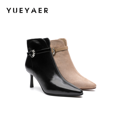 月芽儿法式尖头细跟短靴女2025新款秋冬气质百搭高跟鞋时装靴子女