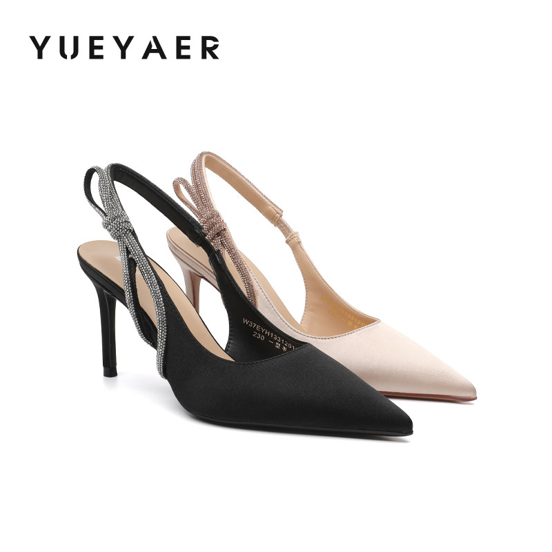 月芽儿法式风包头后空单鞋2026春季新款细跟钻饰女凉鞋尖头高跟鞋