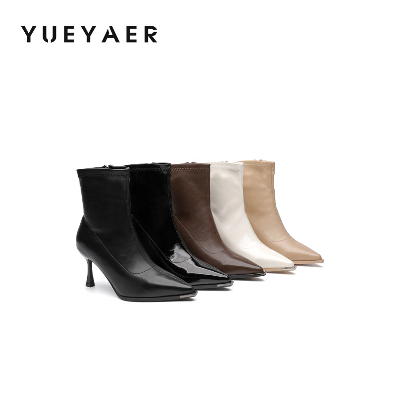 月芽儿2025冬季新款尖头细跟时装靴女时尚百搭短靴瘦瘦靴高跟女靴