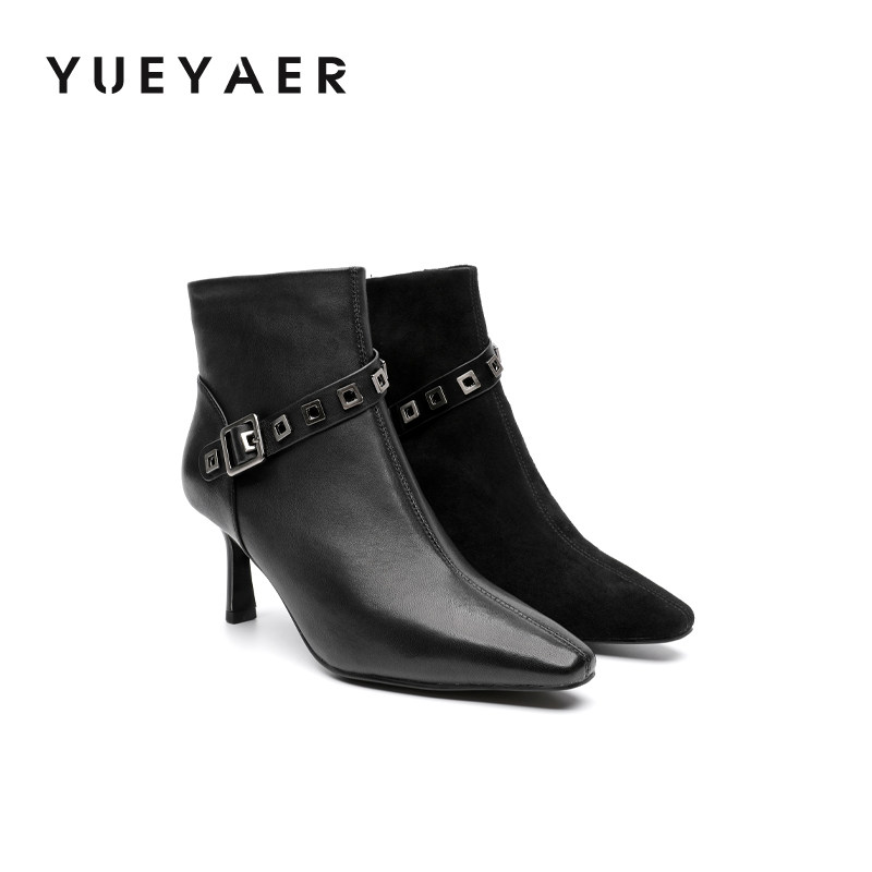 月芽儿尖头短靴女2025新款冬季后拉链瘦瘦靴高跟细跟皮带扣时装靴