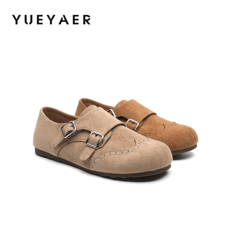 月芽儿厚底勃肯鞋女2026新款春季平底鞋全包双扣带布洛克乐福鞋子