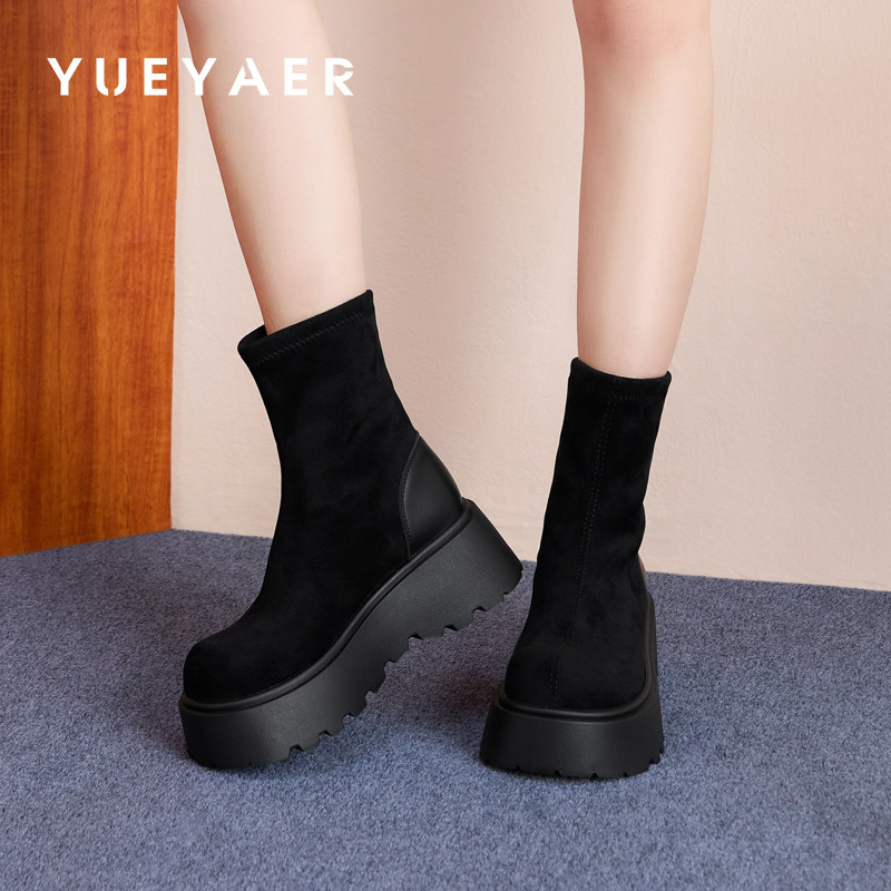 月芽儿英伦风时装靴女2025冬季新款黑色短靴复古厚底弹力靴瘦瘦靴,女鞋,弹力靴/袜靴,淘宝优惠券,粉丝福利购,淘宝优惠卷