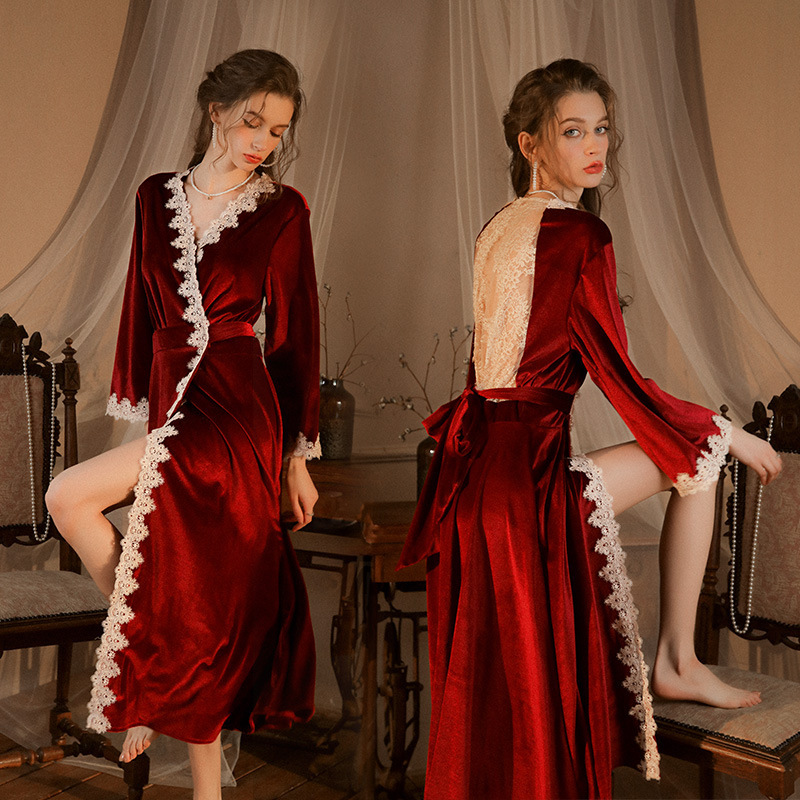 春秋四季婚礼红色睡袍镂空花边晨袍女新娘金丝绒加长款睡袍宫廷风