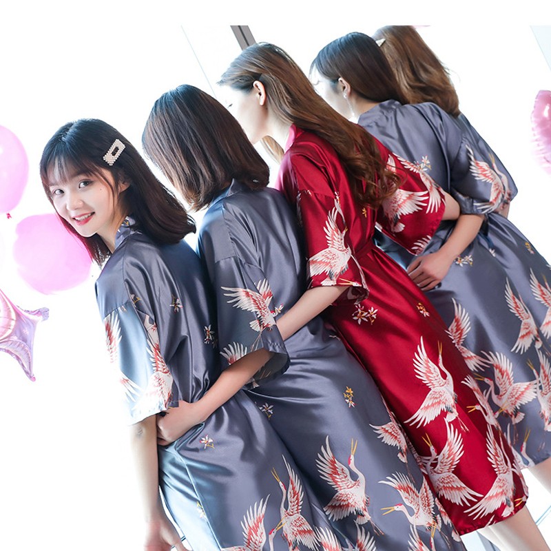 丝绸女冰丝仙鹤结婚晨袍新娘袍