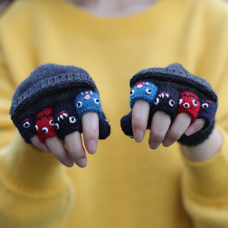 手工可爱搞怪翻盖针织半指手套