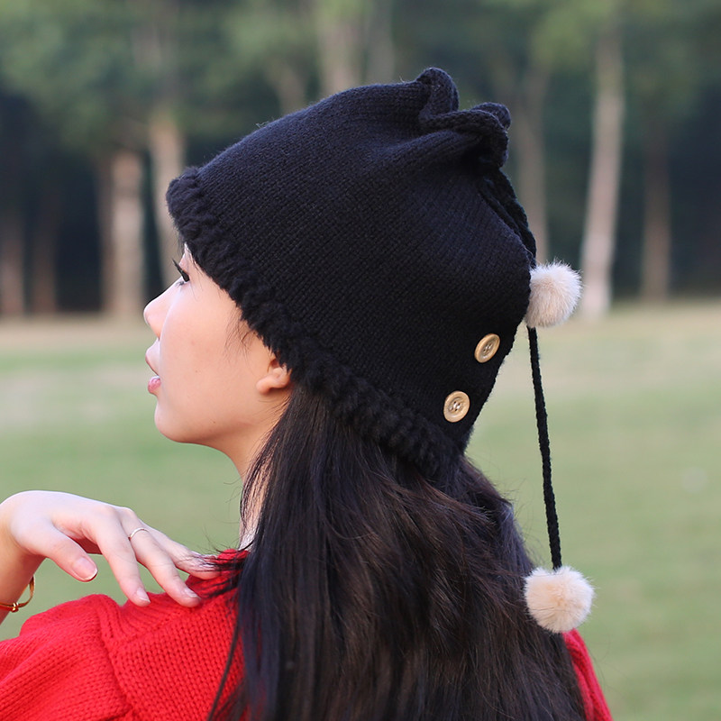 毛线针织潮黑色帽子围脖一体冬季女加绒加厚保暖2022新款挂绳毛球