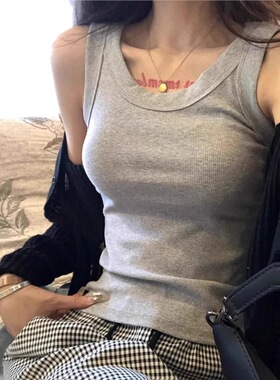 新夏百搭螺纹辣妹灰色吊带背心女修身显瘦设计运动无袖上衣吊带带