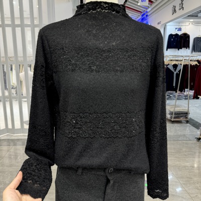加绒加厚妈妈装蕾丝打底衫女秋冬新款半高领长袖黑色内搭高贵上衣