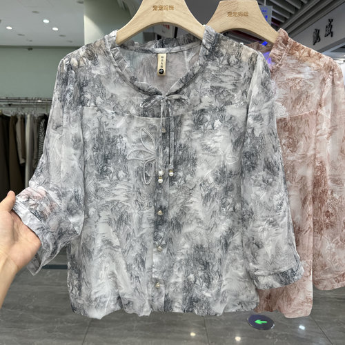 小个子妈妈印花雪纺衫2026夏季中老年遮肉七分喇叭袖衬衣减龄上衣