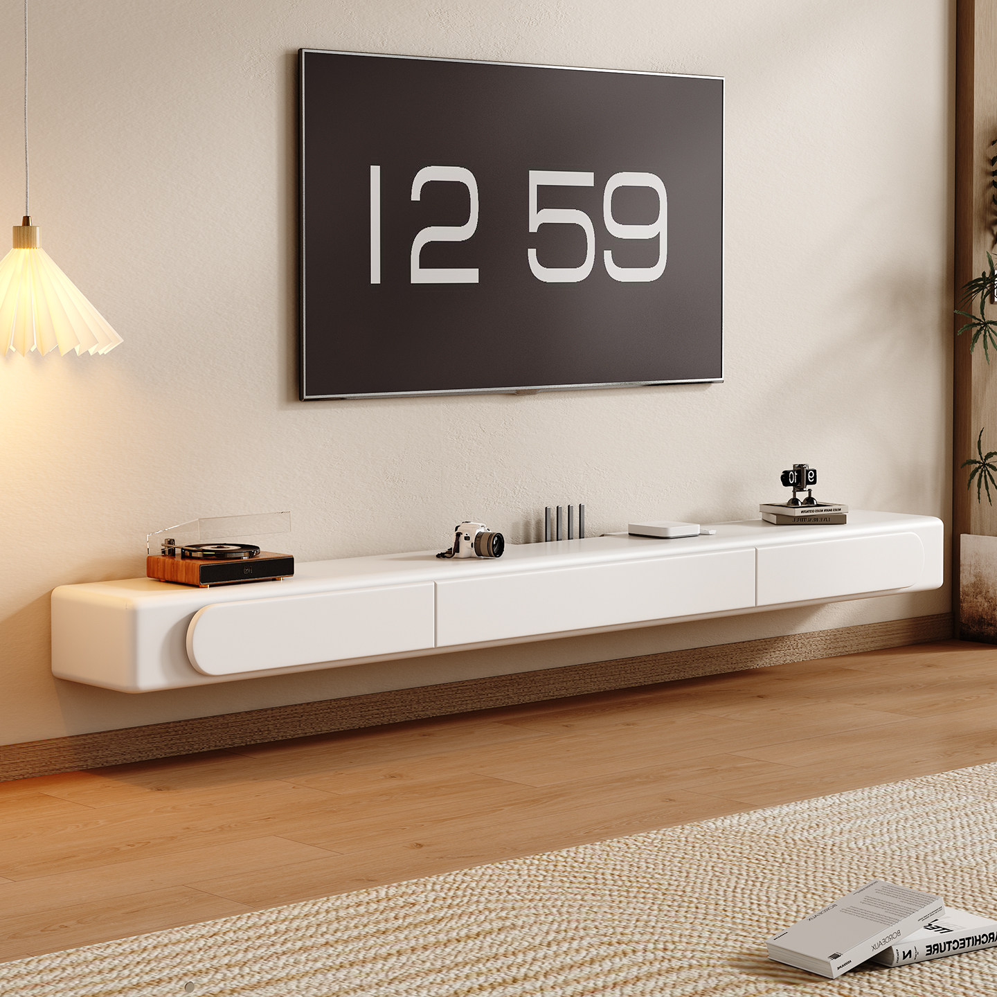 壁挂式实木电视机柜奶油风法式悬挂式白色悬空客厅小户型现代简约