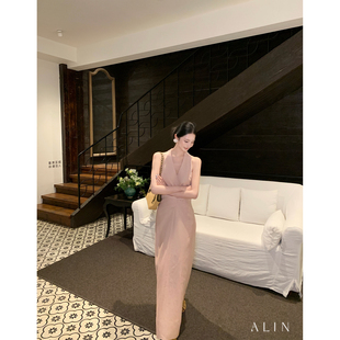 ALIN【雾粉云垂】亚麻抽褶收腰连衣裙极简老钱优雅长裙AL6NSL12