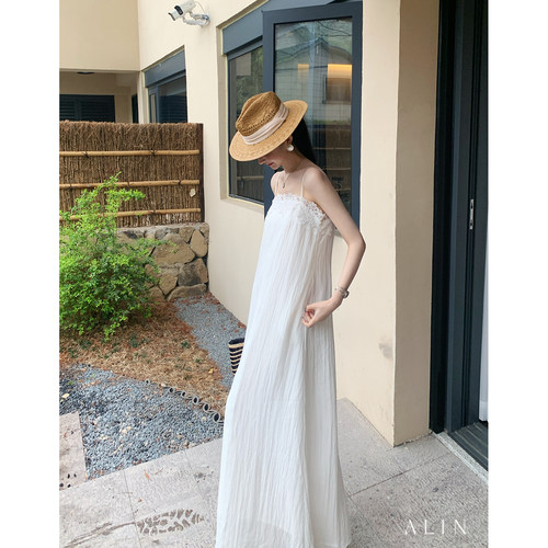ALIN【南法杏影】天丝醋酸混纺宽松连衣裙蕾丝拼接吊带长裙AL6NSL