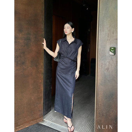 ALIN【晴光软】100亚麻新中式连衣裙女夏小翻领镂空长裙AL6NSL28