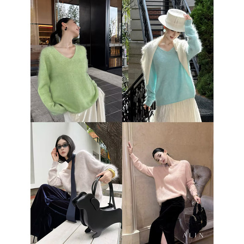 阿琳 ALIN【素勤】表层绒毛桑蚕丝羊毛针织衫女慵懒直筒打底毛衣