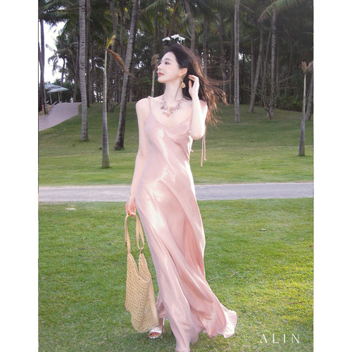 阿琳ALIN【甜梦芭蕾】哑光缎面V领吊带连衣裙女春夏法式气质长裙