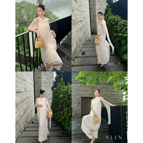 ALIN【薄檐驰】飘纱围领薄纱长裙连衣裙女夏肌理感背心裙AL6NSL38