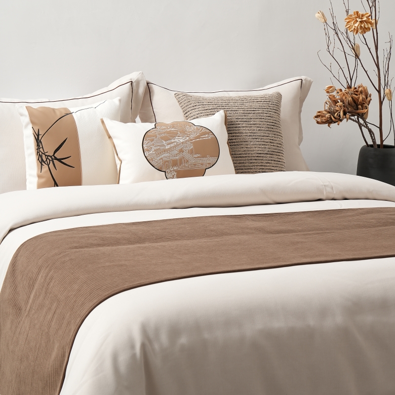 新中式新古典样板房展厅床品 宋式美学高端软装桔色系床上用品