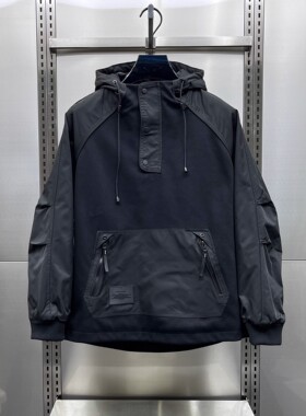 2024秋冬外套多口袋工装拉链套头连帽卫衣男士纯色拼接休闲上衣潮