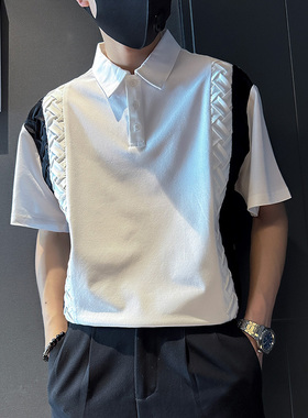 衬衫领polo衫男装小众设计感夏季短袖潮牌痞帅翻领拼接T恤七分袖