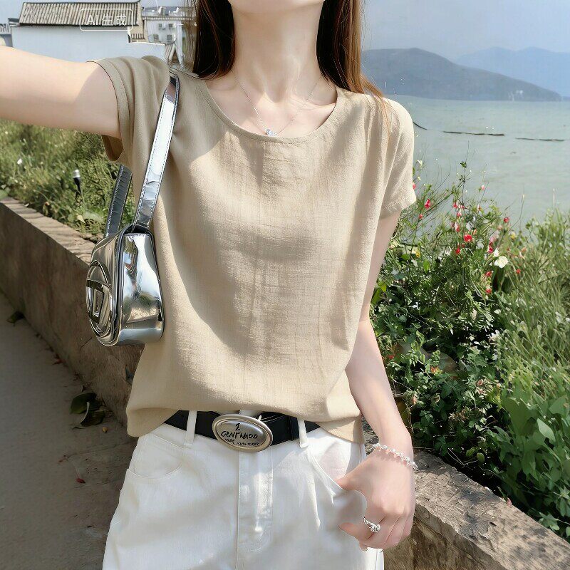 新款夏季宽松清新风自然淡雅温柔显瘦纯色圆领短袖薄款女士T恤