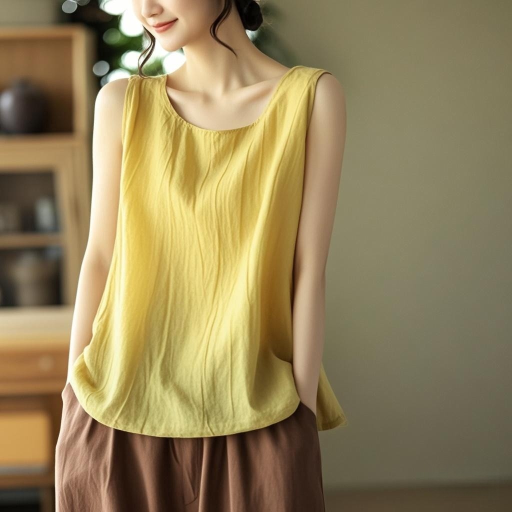 女士棉麻纯色无袖吊带宽松复古百搭通勤外穿打底夏季大码显瘦纯棉
