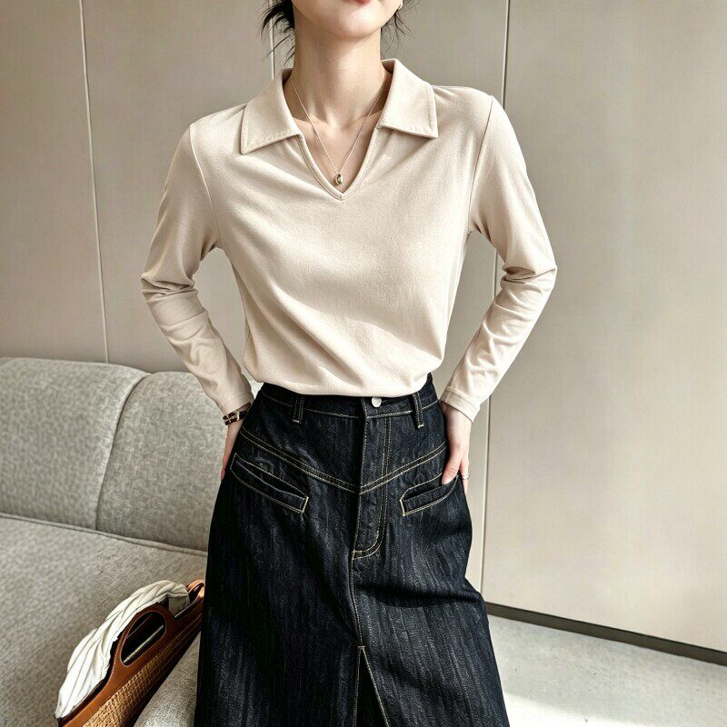 2026新款POLO领大码长袖T恤女薄款垂感宽松显瘦日常通勤打底衫
