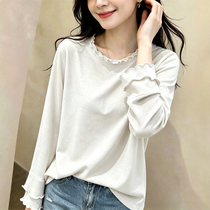 圆领木耳边长袖T恤大码女装2026秋款宽松遮肉胖mm休闲打底上