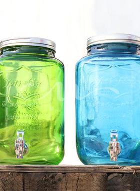 8升蓝色绿色字母果汁罐mason jar无铅玻璃带水龙头酿酒瓶酵素桶