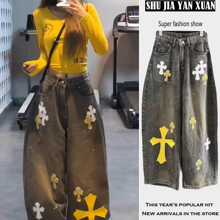 美式设计感十字架贴皮刺绣减龄牛仔裤女2025新款宽松显瘦阔腿长裤