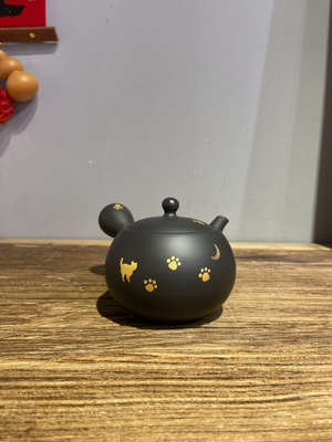 日本常滑烧昭萠窑鲤江桂吉手工制作朱泥燻黑金箔可爱猫爪家用泡茶