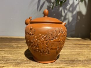 日本常滑烧已故名匠久田胜石&芳石雕刻东海道53次侧把急须泡茶壶