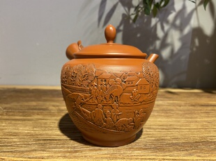 日本常滑烧已故名匠胜石&芳石50年前细朱泥雕刻东海道53次侧把壶