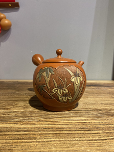 日本常滑烧已故名家夏目雅仁朱泥千羽拭彩绘竹鸢尾花日式 精品茶壶