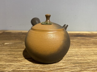 日本常滑烧已故名匠梅原美朗 侧把急须泡茶壶 黄泥梨皮纹窑变日式