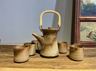 日本常滑烧已故无形文化财水野静仙 南蛮泥落灰釉提梁壶套装