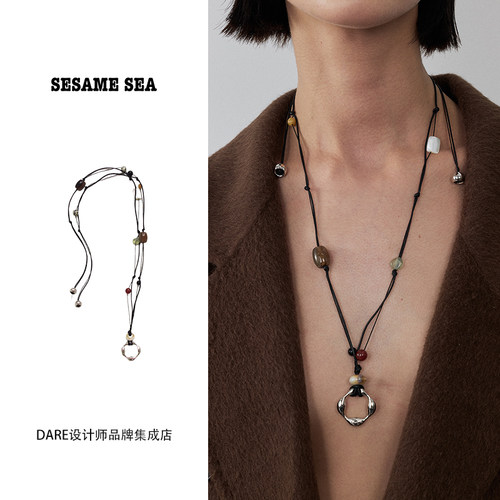 Dare买手店 sesame sea 天然石缀珠黑绳项链原创复古小众饰品首饰