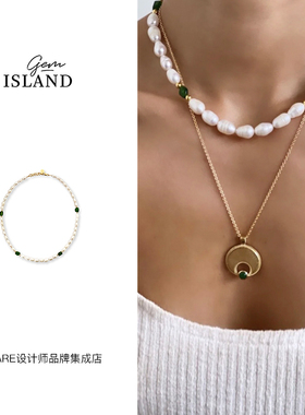 gemisland透辉石珍珠项链锁骨链