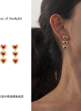 A ray of sunlight 爱心耳环红色复古小众金色首饰耳饰百搭精致女