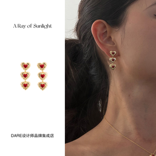 A ray of sunlight 爱心耳环红色复古小众金色首饰耳饰百搭精致女