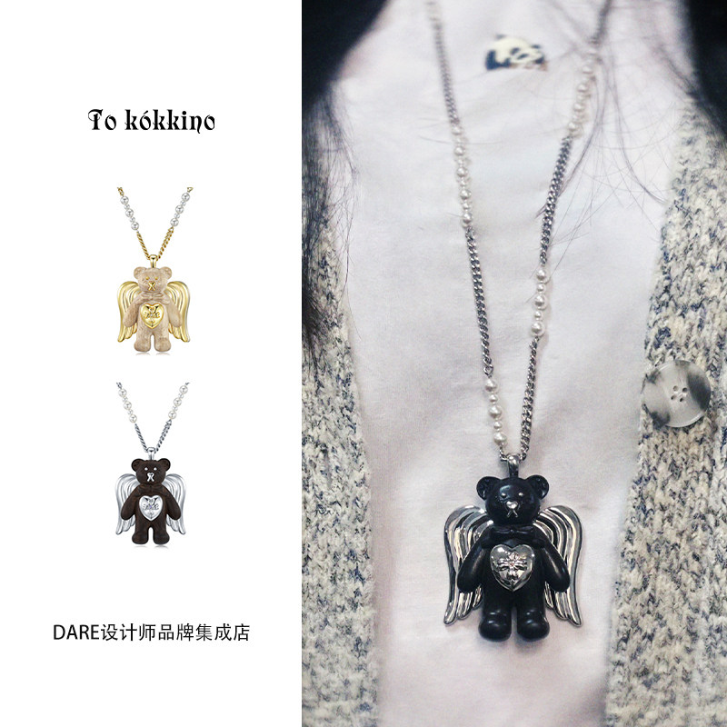 明星同款 tokokkino正品 木质天使珍珠小熊项链复古长款饰品首饰