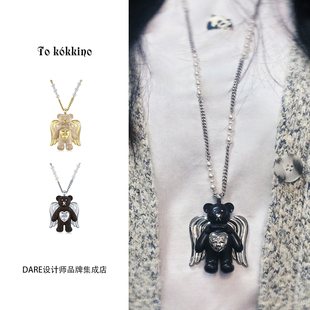 木质天使珍珠小熊项链复古长款 饰品首饰 tokokkino正品 明星同款