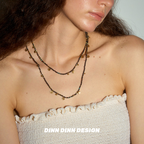 Dare买手店DINN DINN DESIGN长款黑色串珠金色片片项链玛瑙民族风