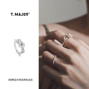 Dare买手店 T.MAJOR 绽放立体曼陀罗花金色花蕊开口戒指纯银暗黑