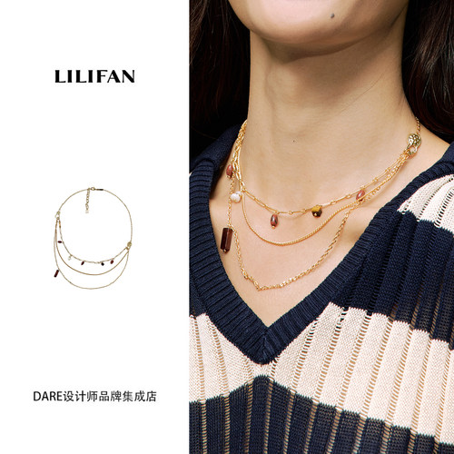 Dare买手店 LILIFAN莉莉梵花生纹路彩色宝石叠戴项链金色饰品首饰