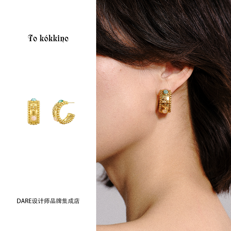 Dare买手店 tokokkino正品天然石蝴蝶结耳钉金色复古圈圈耳环饰品